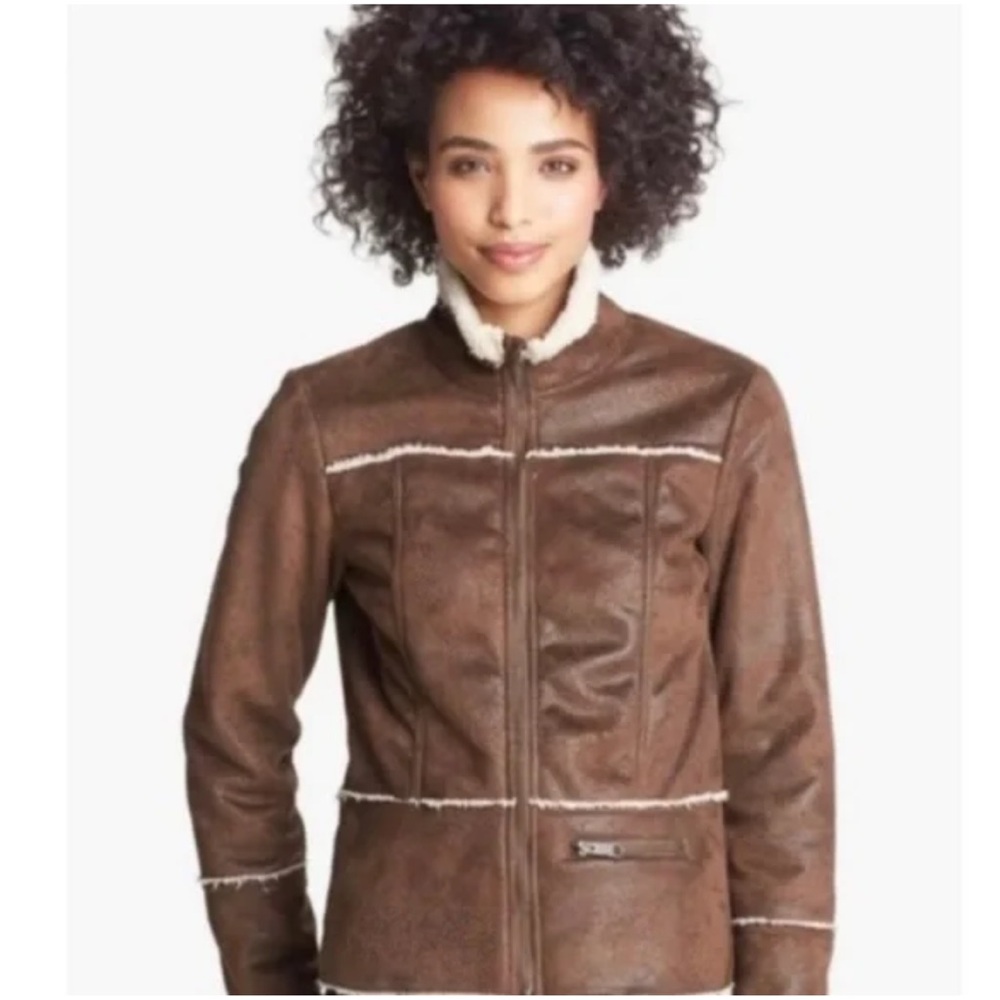 prAna "Breathe" Faux Shearling Full Zip Jacket - Brown/Cream - Size M